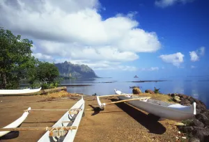 Hawaii, Oahu, Waiahole, Outrigger Canoes On Beach, Turquoise Water Hawaii, Oahu, Waiahole, Outrigger Canoes On Beach, Turquoise Water