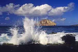 Hawaii, Oahu, Waves Breaking On Lava Rock Coast At Makapu'u With Rabbit Island In The Distance Hawaii, Oahu, Waves Breaking On Lava Rock Coast At Makapu'u With Rabbit Island In The Distance