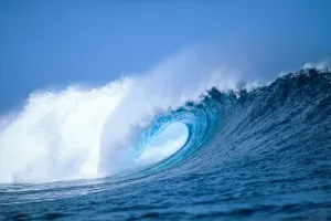 Hawaii, Powerful Curling Wave, Side Angle View, Whitewash And Spray, Blue Sky Hawaii, Powerful Curling Wave, Side Angle View, Whitewash And Spray, Blue Sky