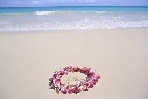 Hawaii, Purple Orchid Lei, Aloha Written In The Sand, Turquoise Ocean Background