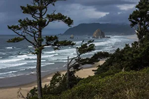 Haystack Rock And Tillamook Head Are Visible From US Highway 101; Oregon, United States Of America Haystack Rock And Tillamook Head Are Visible From US Highway 101; Oregon, United States Of America