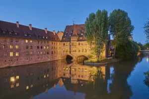 Heilig-Geist-Spital (Holy Spirit Hospital) along the Pegnitz River, Nuremberg, Franconia, Germany Heilig-Geist-Spital (Holy Spirit Hospital) along the Pegnitz River, Nuremberg, Franconia, Germany