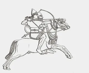 Historic illustration of Assyrian archers on horseback. After an illustration by an unidentified 19th century artist Historic illustration of Assyrian archers on horseback. After an illustration by an unidentified 19th century artist