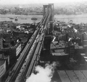 Historic image in black and white of the Brooklyn Bridge over the East River in New York City Historic image in black and white of the Brooklyn Bridge over the East River in New York City