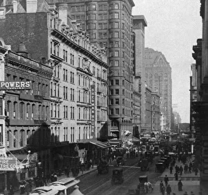 Historic image in black and white of busy Randolph Street in Chicago; Chicago, Illinois, United States of America Historic image in black and white of busy Randolph Street in Chicago; Chicago, Illinois, United States of America