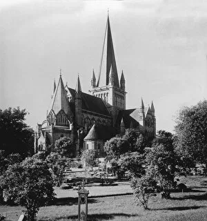 Historic image in black and white of a cathedral in Trondheim, Norway circa 1920; Trondheim, Trondelag, Norway