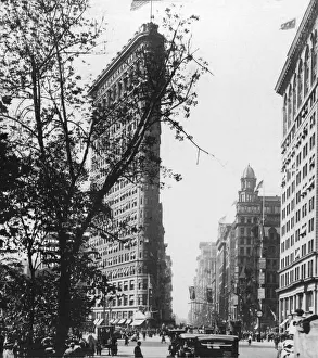 Historic image in black and white of the Flatiron building on fifth avenue, New York City, circa 1920; New York City Historic image in black and white of the Flatiron building on fifth avenue, New York City, circa 1920; New York City