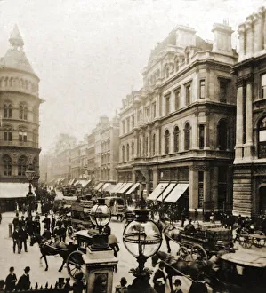 Historic image in sepia tone of Cheapside, a busy street in the city of London busy with pedestrians Historic image in sepia tone of Cheapside, a busy street in the city of London busy with pedestrians
