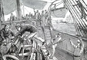 Illustration depicting crewmen playing deck cricket on a liner, 19th century Illustration depicting crewmen playing deck cricket on a liner, 19th century