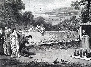 Illustration depicting a game of early bowling being played outside, 19th century Illustration depicting a game of early bowling being played outside, 19th century