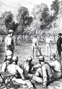 Illustration depicting men playing cricket, 19th century Illustration depicting men playing cricket, 19th century