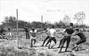 Illustration depicting men playing tug of war, 19th century Illustration depicting men playing tug of war, 19th century