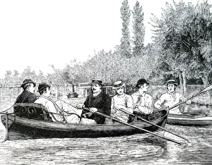 Illustration depicting Oxford University students rowing on the Iffley River, 19th century Illustration depicting Oxford University students rowing on the Iffley River, 19th century