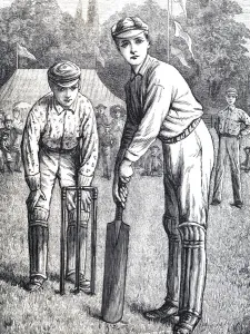 Illustration depicting schoolboys playing cricket, 19th century Illustration depicting schoolboys playing cricket, 19th century