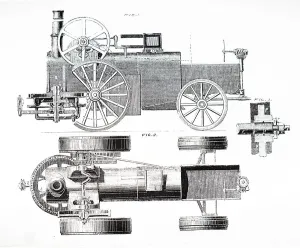 Illustration depicting a steam tractor with a winding drum and smoke box Illustration depicting a steam tractor with a winding drum and smoke box