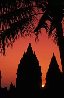 Images Dated 19th January 2001: Indonesia, Java, Prambanan, Silhouette Of Temple At Sunset With Palm Tree
