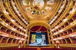 Interior of Teatro Massimo with Seating and Stage in Palermo, Sicily, Italy Interior of Teatro Massimo with Seating and Stage in Palermo, Sicily, Italy