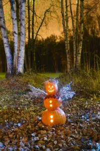 One Jack-O-Lantern Person Dressed As An Angel, Standing In A Forest & Fallen Leaves On The Ground At Twilight During One Jack-O-Lantern Person Dressed As An Angel, Standing In A Forest & Fallen Leaves On The Ground At Twilight During