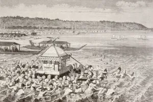 Japanese Fishermen Celebrating Gots-Tennoo In The 19Th Century. From A 19Th Century Illustration Japanese Fishermen Celebrating Gots-Tennoo In The 19Th Century. From A 19Th Century Illustration