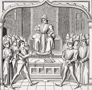 The Judicial Duel. The Plaintiff Opening His Case Before The Judge. Copy Of Miniature In 15Th Century Manuscript The Judicial Duel. The Plaintiff Opening His Case Before The Judge. Copy Of Miniature In 15Th Century Manuscript