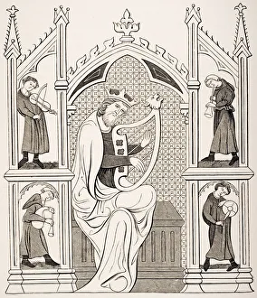 King David Playing On The Lyre Surrounded By Four Musicians. All Wearing Costumes Of The 13Th Century King David Playing On The Lyre Surrounded By Four Musicians. All Wearing Costumes Of The 13Th Century