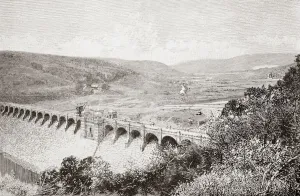 Lake Vyrnwy reservoir, Powys, Wales, and the Vyrnwy valley, seen here before the flooding of the valley Lake Vyrnwy reservoir, Powys, Wales, and the Vyrnwy valley, seen here before the flooding of the valley