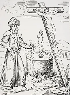 Legend Of The Jew Calling The Devil From A Vessel Of Blood. Facsimile Of A Woodcut In Boaistuau' Legend Of The Jew Calling The Devil From A Vessel Of Blood. Facsimile Of A Woodcut In Boaistuau'