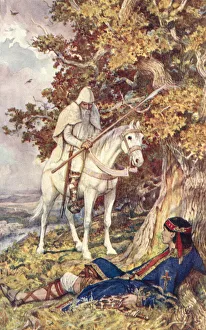 A man on a white horse, whom Cuthbert believed to be an angel, gave the saint advice on how to cure a swelling on his A man on a white horse, whom Cuthbert believed to be an angel, gave the saint advice on how to cure a swelling on his
