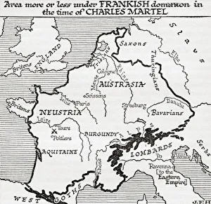 Map showing the area more or less under Frankish dominion in the time of Charles Martel, 8th century. From A Short History of the World, published c.1936 Mapmaking Gallery: Map showing the area more or less under Frankish dominion in the time of Charles Martel, 8th century
