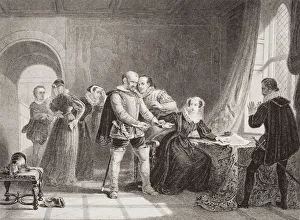 Mary Queen Of Scots Compelled To Sign Her Abdication In Lochleven Castle, 1567.Engraved By Thomas Brown After Sir Mary Queen Of Scots Compelled To Sign Her Abdication In Lochleven Castle, 1567.Engraved By Thomas Brown After Sir
