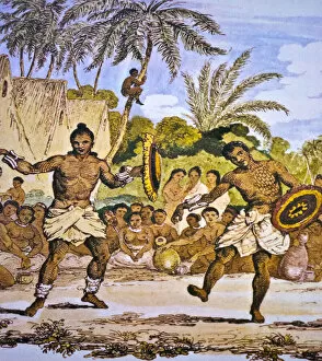 Two men hula dancing, Hawaiian themed art, circa 1816
