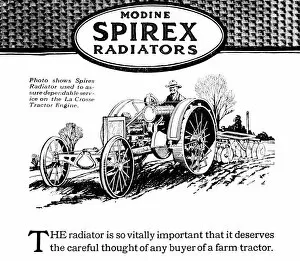 Images Dated 22nd March 2004: Modine Spirex Radiator Advertisement With Illustration Of Farmer On Tractor From Early 20th Century
