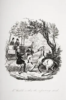 Mr. Winkle Soothes The Refractory Steed. Illustration From The Charles Dickens Novel Mr. Winkle Soothes The Refractory Steed. Illustration From The Charles Dickens Novel