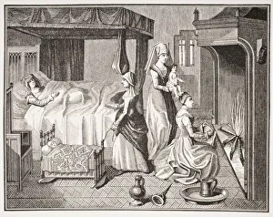 The New Born Child. 19Th Century Reproduction From A 15Th Century Miniature In Histoire De La Belle Helaine The New Born Child. 19Th Century Reproduction From A 15Th Century Miniature In Histoire De La Belle Helaine