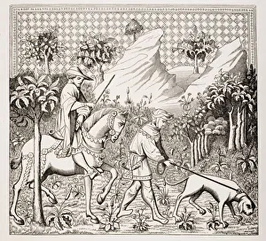 Nobleman In Hunting Costume With His Servant And Dog. From 14Th Century Miniature From Des Deduitz De La Chasse Des Nobleman In Hunting Costume With His Servant And Dog. From 14Th Century Miniature From Des Deduitz De La Chasse Des