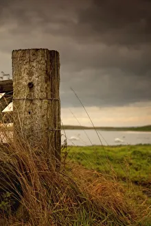 Northumberland, England; A Wooden Fence Post And A Pond In A Field Northumberland, England; A Wooden Fence Post And A Pond In A Field