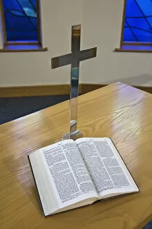 Images Dated 26th February 2011: An Open Bible Beside A Cross On A Table; Sheffield, South Yorkshire, England