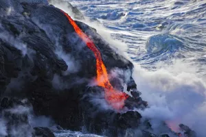 The Pahoehoe Lava Flowing From Kilauea Has Reached The Pacific Ocean Near Kalapana; Island Of Hawaii, Hawaii The Pahoehoe Lava Flowing From Kilauea Has Reached The Pacific Ocean Near Kalapana; Island Of Hawaii, Hawaii