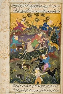 Images Dated 18th September 2006: Painting From 17Th Century Persian Manuscript Hunters Mounted And On Foot Killing Deer And Tiger
