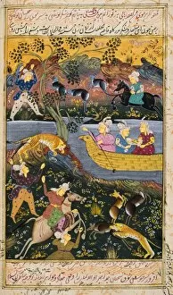 Images Dated 18th September 2006: Painting From 17Th Century Persian Manuscript Men On Horseback Hunting Tiger And Deer Men And