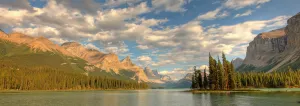 Panoramic Of Spirit Island On Maligne Lake, Jasper National Park, Alberta Panoramic Of Spirit Island On Maligne Lake, Jasper National Park, Alberta