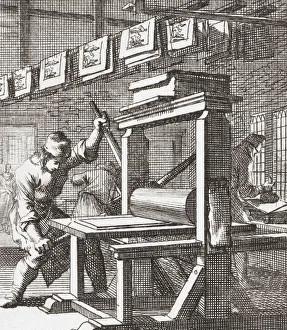 A plate printer at work in the late 17th century. After a work by Jan Luyken. A plate printer at work in the late 17th century. After a work by Jan Luyken.