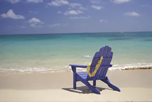 Plumeria Lei Hanging Over Blue Beach Chair Along Shoreline Plumeria Lei Hanging Over Blue Beach Chair Along Shoreline