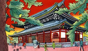 Postcard Of Japanese Temple, Japanese print-style, circa 1925