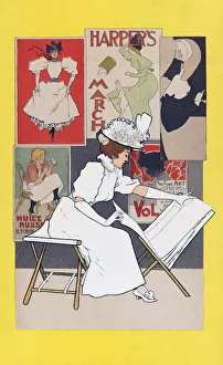 A poster from 1897 showing a woman looking at prints in an art shop. By Belgian graphic artist Armand Rassenfosse A poster from 1897 showing a woman looking at prints in an art shop. By Belgian graphic artist Armand Rassenfosse