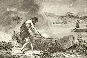 A Prehistoric Man Using Fire To Fashion A Canoe From A Log. From The Book Chips From The Earth' A Prehistoric Man Using Fire To Fashion A Canoe From A Log. From The Book Chips From The Earth'