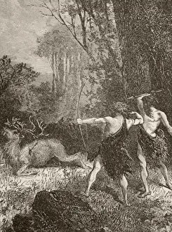 Prehistoric Men Hunting With Bow And Arrow And Spear. From The Book Chips From The Earth's Crust Published 1894 Prehistoric Men Hunting With Bow And Arrow And Spear. From The Book Chips From The Earth's Crust Published 1894