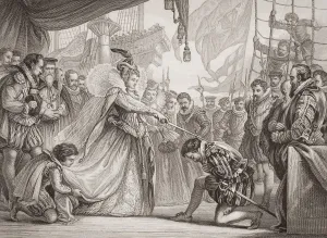 Queen Elizabeth I Knighting Drake On Board The Golden Hind At Deptford, 4Th April 1581. Engraved By F Queen Elizabeth I Knighting Drake On Board The Golden Hind At Deptford, 4Th April 1581. Engraved By F