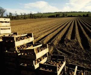 Raw Potatoes With A Ploughed Field, County Meath, Republic Of Ireland Raw Potatoes With A Ploughed Field, County Meath, Republic Of Ireland