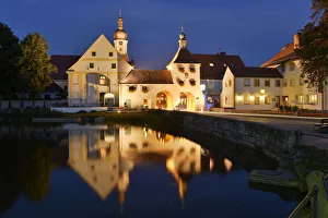 Reflection of Building Architecture in Pond during the Blue Hour, Allersberg, Upper Palatinate, Bavaria, Germany Reflection of Building Architecture in Pond during the Blue Hour, Allersberg, Upper Palatinate, Bavaria, Germany